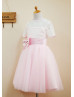 Short Sleeves Lace Tulle Knee Length Flower Girl Dress